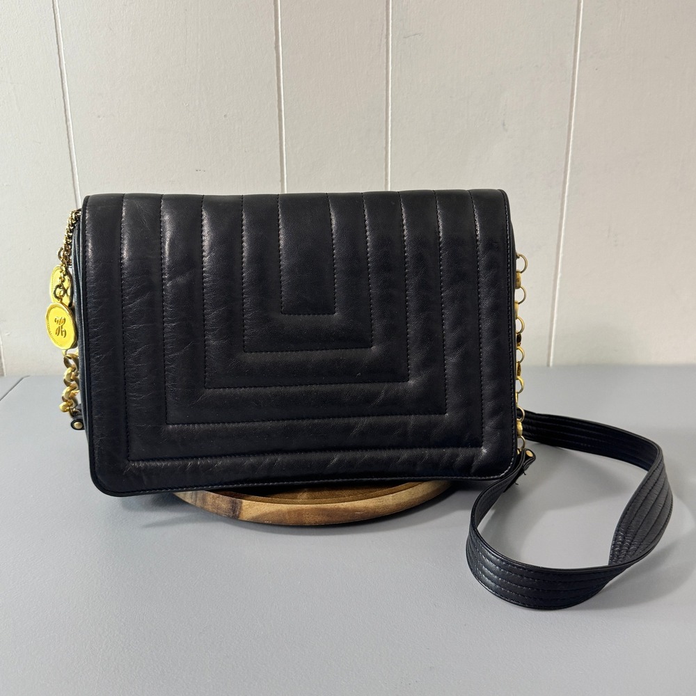 Vintage Jay Herbert by Sharif Black Leather Shoulder Bag Chain Strap Charm